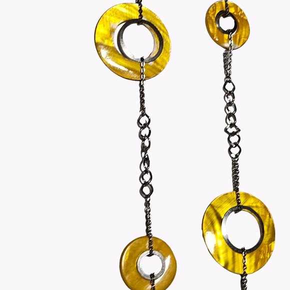 Art Deco  Boho Yellow Disc Beads Necklace Silver Tone Long Chain Retro Fashion - Picture 4 of 7